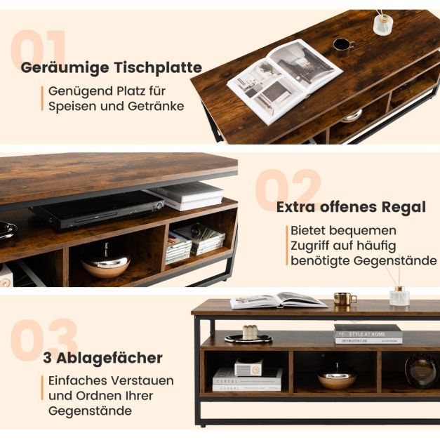 Couchtisch mit Stauraum Industrieller Tisch mit Offenen Regalen 110 x 42,5 x 45 cm Rustikales Braun