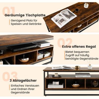 Couchtisch mit Stauraum Industrieller Tisch mit Offenen Regalen 110 x 42,5 x 45 cm Rustikales Braun