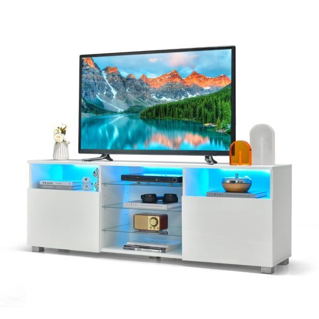 TV Schrank mit LED Beleuchtung &amp; 2 Türen &amp; Verstellbaren Glastablagen Fernsehtisch