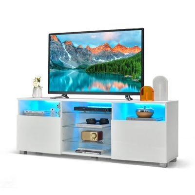 TV Schrank mit LED Beleuchtung & 2 Türen & Verstellbaren Glastablagen Fernsehtisch