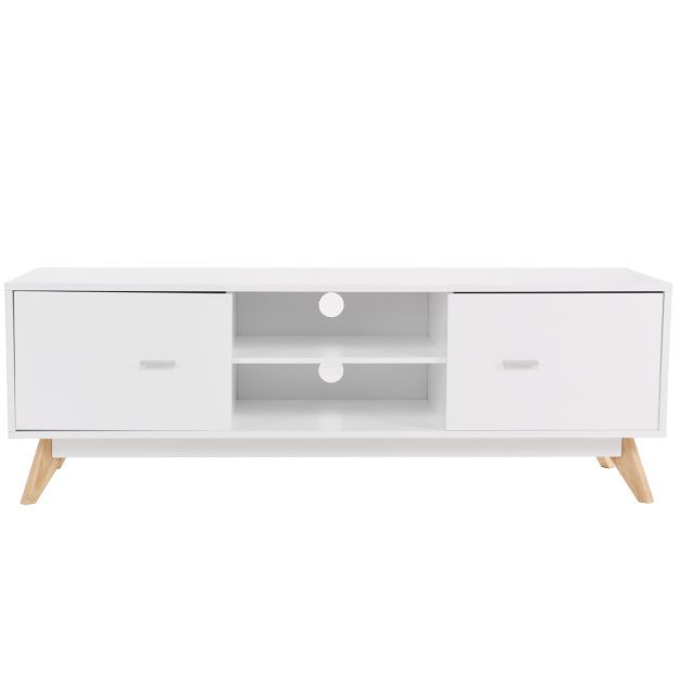TV-Ständer für 60-Zoll-Fernseher Moderner TV-Konsolentisch mit Stauraum Massivholzfüsse Weiss