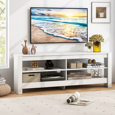 Eck-TV-Schrank mit Ladestation &amp; 4 Ablagen für TVs bis 65 Zoll TV Lowboard Fernsehschrank Weiss