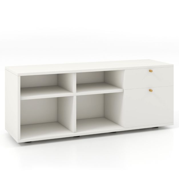 Kommode mit 2 Schubladen &amp; 4 Fächern &amp; Verstellbaren Füssen Sideboard TV-Schrank Weiss