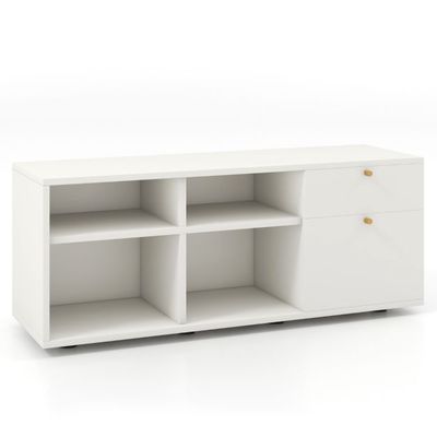 Kommode mit 2 Schubladen &amp; 4 Fächern &amp; Verstellbaren Füssen Sideboard TV-Schrank Weiss