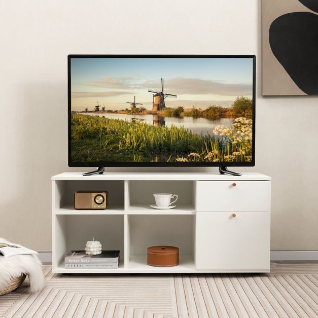 Kommode mit 2 Schubladen &amp; 4 Fächern &amp; Verstellbaren Füssen Sideboard TV-Schrank Weiss