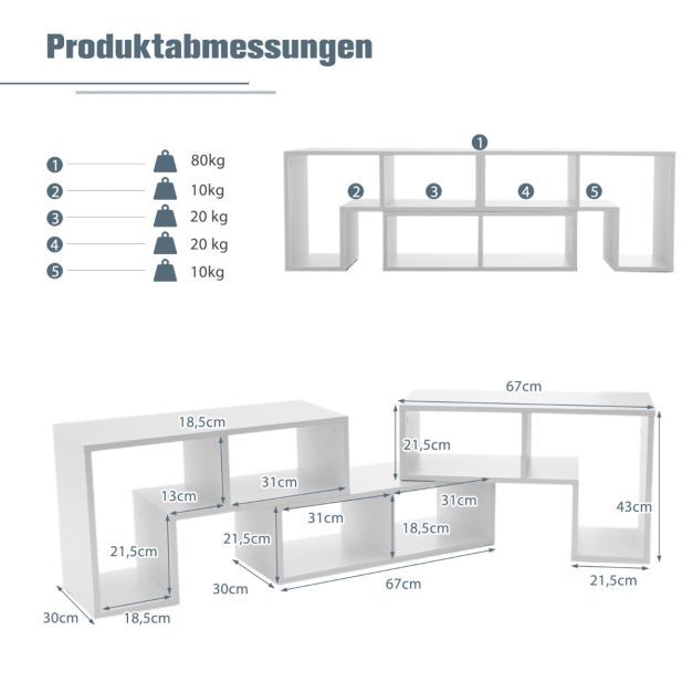 3-teiliger Fernsehschrank aus Holz für TVs bis zu 65" Frei Kombinierbarer Fernsehtisch, weiss