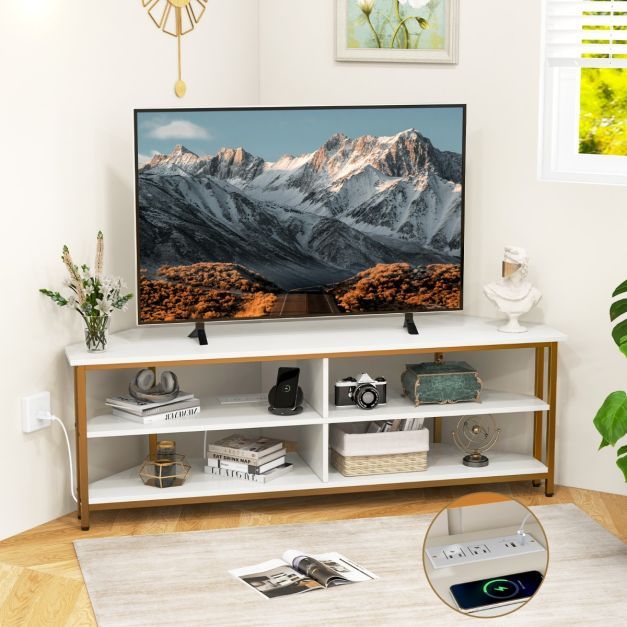 Eck-TV-Schrank mit Ablageflächen TV Lowboard für TVs bis 65 Zoll Fernsehschrank, weiss