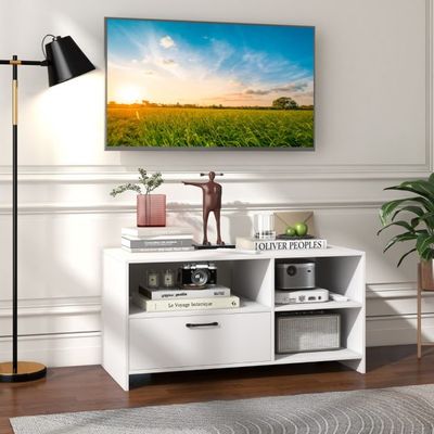 TV Ständer TV-Schrank für Fernseher mit offenen Fächern und Schublade 104,5 x 51,5 x 52 cm Weiss