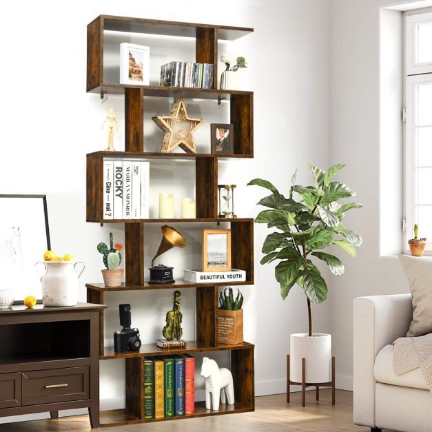 Standregal 6 Ebenen S-Form Bücherregal Aufbewahrungsregal Holz braun