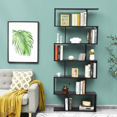 Standregal 6 Ebenen S-Form Bücherregal Aufbewahrungsregal Holz schwarz