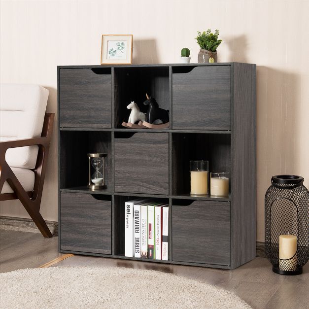 9-Fächer Stauraum Organizer Regal mit Türen freistehendes Holz Bücherregal grau