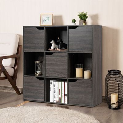 9-Fächer Stauraum Organizer Regal mit Türen freistehendes Holz Bücherregal grau