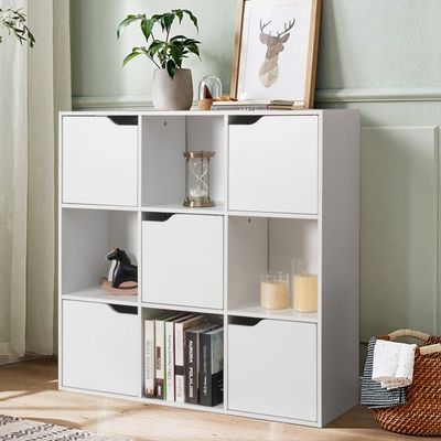 9-Fächer Stauraum Organizer Regal mit Türen freistehendes Holz Bücherregal weiss