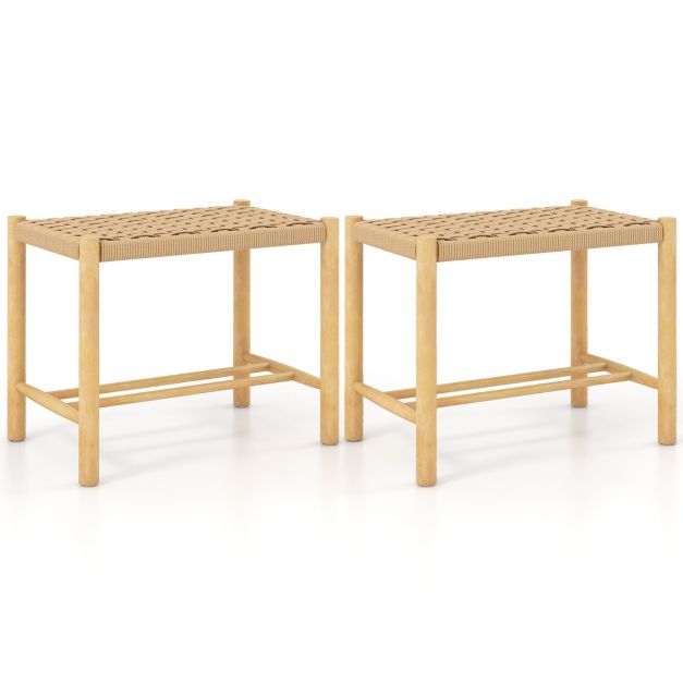 2er-Set Esszimmerhocker, Rahmen aus Gummibaumholz &amp; Sitz aus geflochtenem Papier 56 x 36 x 45 cm