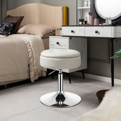 Drehhocker mit Stauraum um 360° Drehbarer Hocker aus PU-Leder weiss