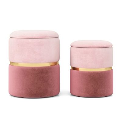 2er-Set Samt Sitzhocker mit 32L + 21L Stauraum Ottomanen Runde Couch Beistellhocker Rosa