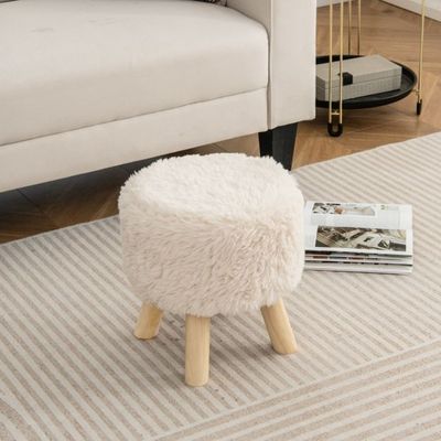 Runder Fusshocker, Schemel mit Kunstpelzbezug und gepolstertem Sitz 34,5 x 35,5 cm Weiss