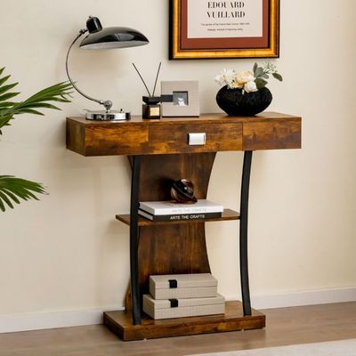 T-Förmiger Konsolentisch für kleine Räume 91 x 30 x 88 cm Rustikales Braun