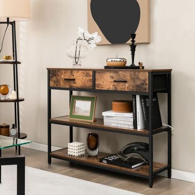 100 cm Konsolentisch, Kommode, Regal mit 2 Stoffschubladen 3 Ebenen Beistelltisch Rustikales Braun