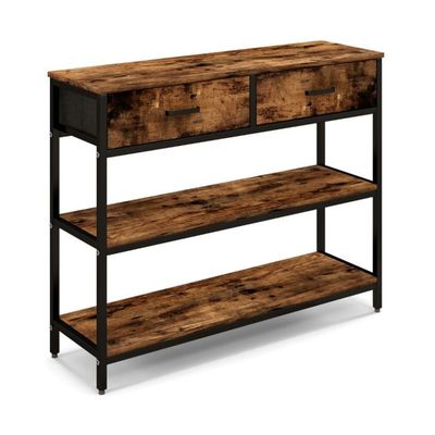 100 cm Konsolentisch, Kommode, Regal mit 2 Stoffschubladen 3 Ebenen Beistelltisch Rustikales Braun