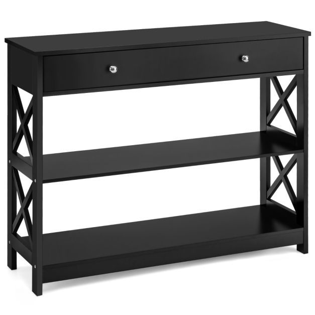 3 Ebenen Konsolentisch, Kommode mit Schublade &amp; Regal aus Holz 100 x 30 x 80 cm schwarz