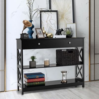 3 Ebenen Konsolentisch, Kommode mit Schublade &amp; Regal aus Holz 100 x 30 x 80 cm schwarz