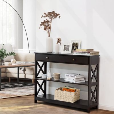 Konsolentisch 3 Ebenen mit Schublade Flurtisch aus Holz 100 x 30 x 80 cm Braun