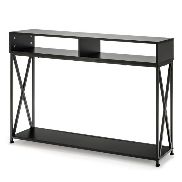Schwarzer Konsolentisch mit offenem Regal und Stahlrahmen 120 x 23 x 79 cm