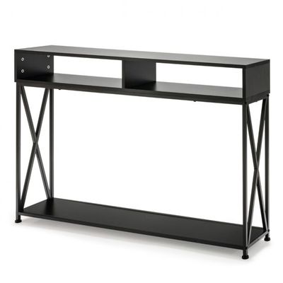 Schwarzer Konsolentisch mit offenem Regal und Stahlrahmen 120 x 23 x 79 cm