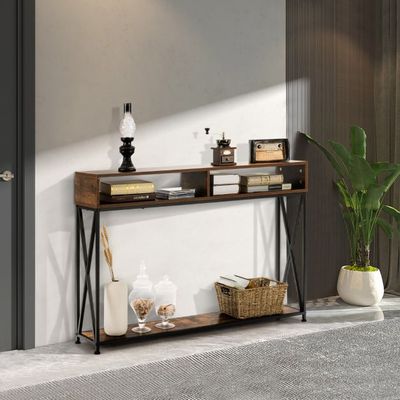 Brauner Konsolentisch mit offenem Regal und Stahlrahmen 120 x 23 x 79 cm