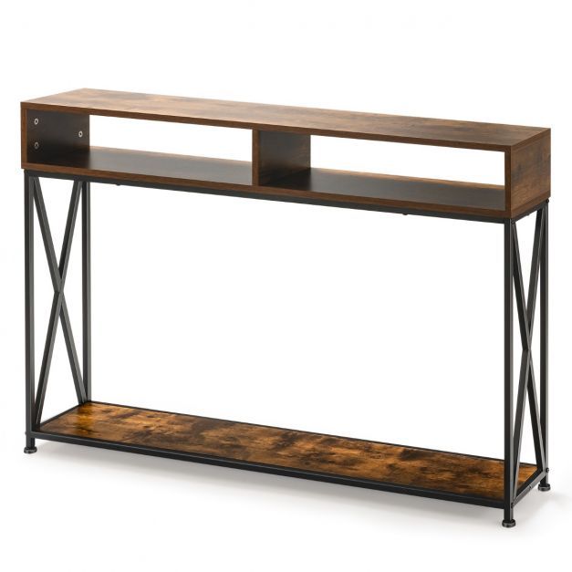 Brauner Konsolentisch mit offenem Regal und Stahlrahmen 120 x 23 x 79 cm