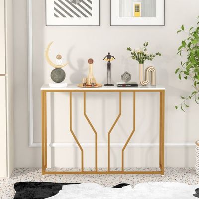 Konsolentisch mit Geometrischem Metallrahmen Eingangstisch 110 x 30 x 80 cm Gold + Weiss