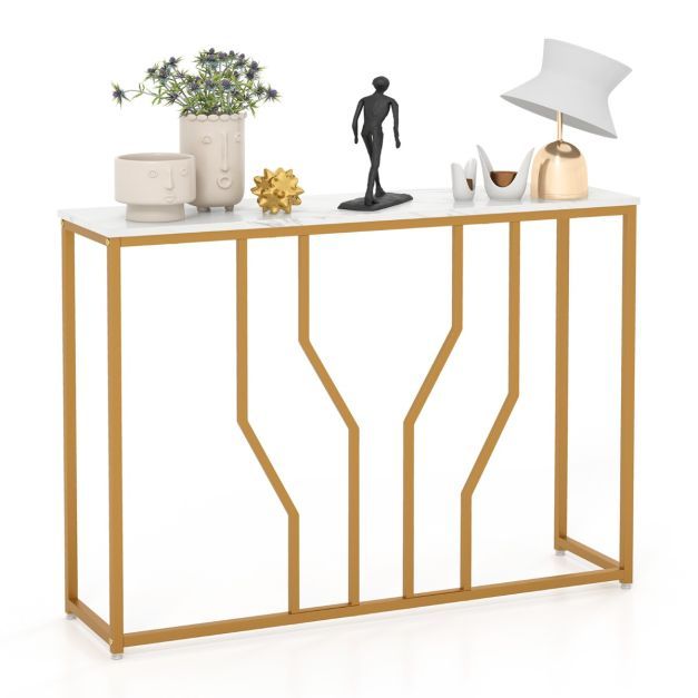 Konsolentisch mit Geometrischem Metallrahmen Eingangstisch 110 x 30 x 80 cm Gold + Weiss