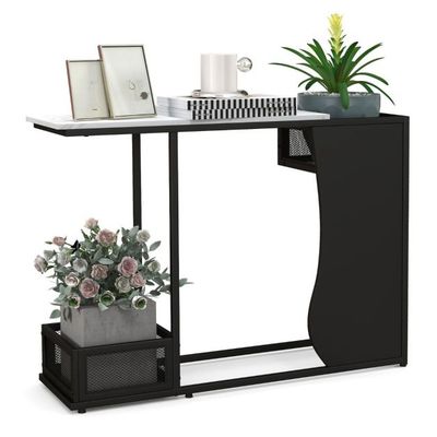 110 cm Langer Konsolentisch mit Kunstmarmorplatte 2 Stellen für Pflanzen Weiss + Schwarz