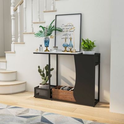 110 cm Langer Konsolentisch mit Kunstmarmorplatte 2 Stellen für Pflanzen Weiss + Schwarz