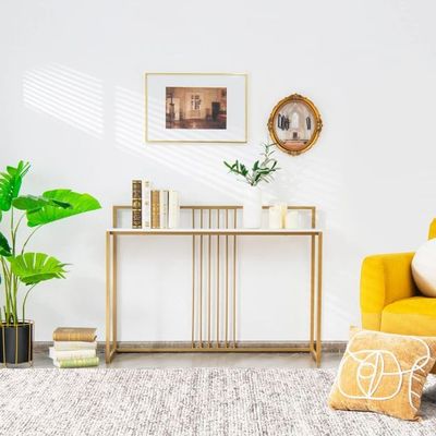 120 cm Konsolentisch mit Marmoroptik &amp; Goldfarbenem Metallgestell Moderner Flurtisch Weiss