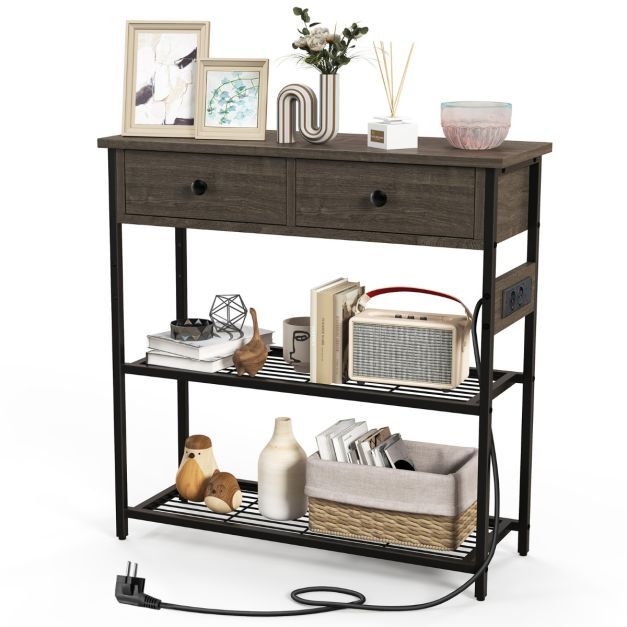 Konsolentisch mit Ladestation Flurtisch mit 2 Schubladen &amp; 2 Metallgitterablagen Grau