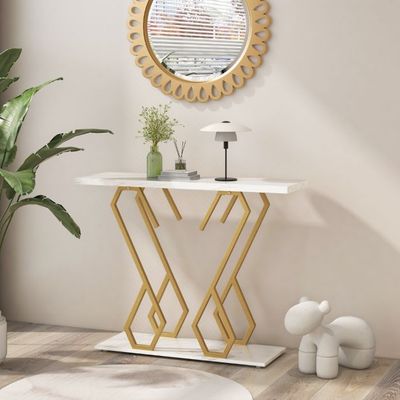 Konsolentisch aus Kunstmarmor Foyertisch Weiss und Gold