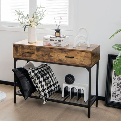 Konsolentisch mit 2 Schubladen Flurtisch Schlanker Eingangstisch 100 x 35 x 76 cm Rustikales Braun