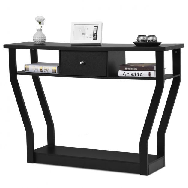 Konsolentisch schwarz Flurtisch mit Schublade und Regal 120 x 30 x 81 cm