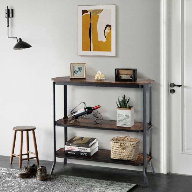 Industrieller 3 stufiger Konsolentisch, Regal mit offenen Ablagefächern und Metallrahmen 98 x 28 x 91,5 cm Braun