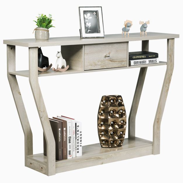 Konsolentisch aus Holz mit Schublade &amp; Regal Eingangstisch Beistelltisch 120 x 30 x 81 cm Grau
