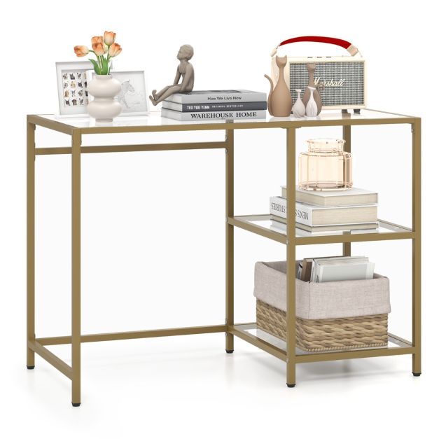 Konsolentisch aus Glas mit 2 Regalen &amp; Metallgestell Sofatisch 106 x 51 x 76 cm Gold