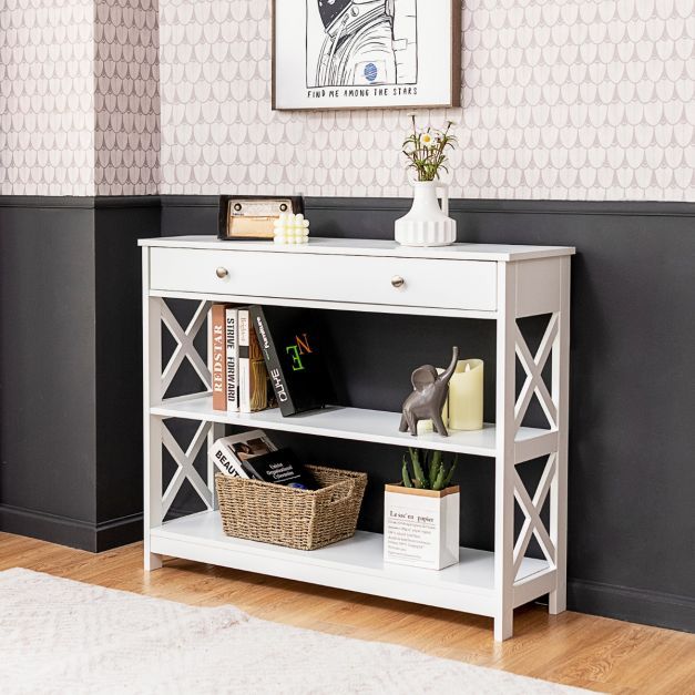 Konsolentisch 3-Stufiger Aufbewahrungsregal mit 1 Schublade und 2 Ablageflächen 100 x 30 x 80 cm Weiss