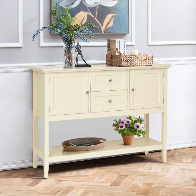 Konsolentisch Flurtisch mit 2 Schubladen und Schränken Buffet-Tisch Beistelltisch Holz Weiss