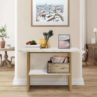 2 Ebenen Konsolentisch mit Marmoroptik 120 x 29,5 x 92,5 cm Weiss &amp; Golden