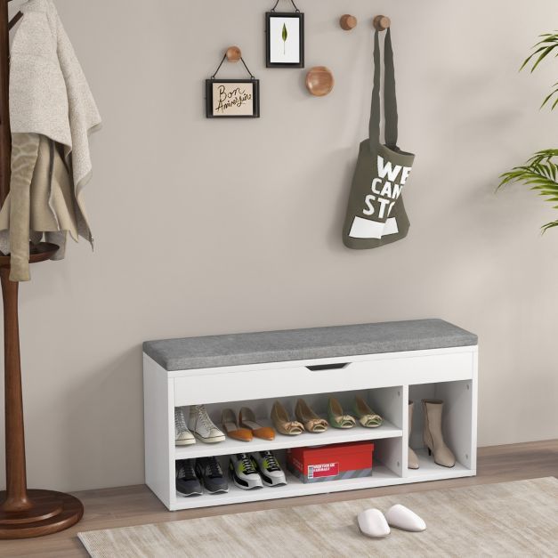 Schuhbank Schuhkommode Schuhablage mit Sitzkissen Holz 104 x 48 x 30 cm grau