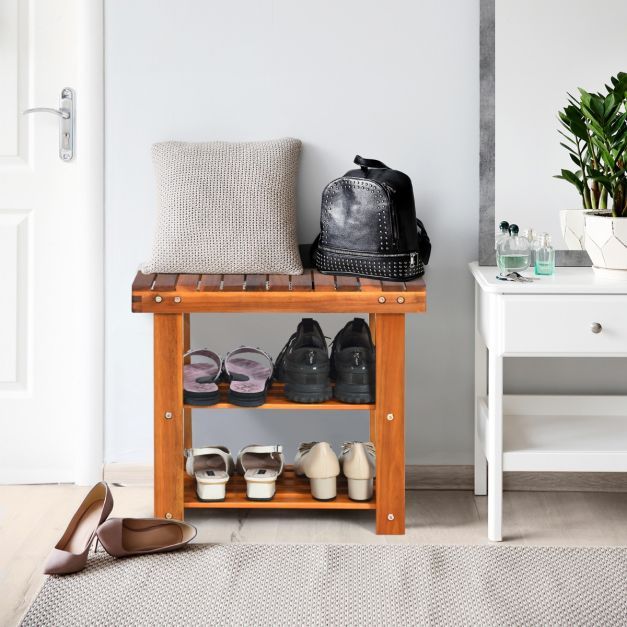 Schuhregal mit Sitzbank &amp; 2 Ablagen Schuhschrank aus Holz Schuhständer 50 x 28 x 45 cm