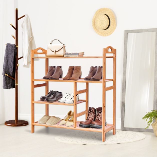 Schuhregal, Badregal aus Bambus mit 4 Ebenen & Griff Schuhablage Schuhaufbewahrung Natur
