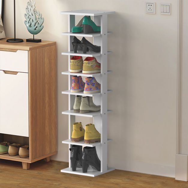 Schuhregal aus Holz Schuhständer 8-stöckig Schuh-Organizer vertikal Lagerregal Weiss